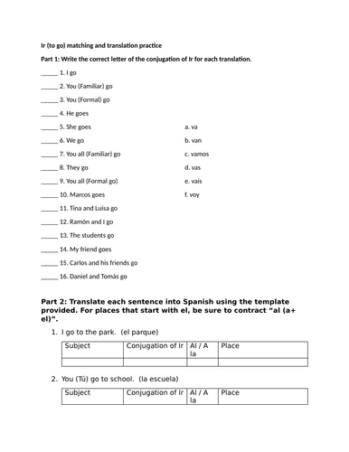 Ir (to go) matching and translation practice