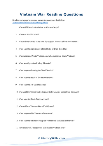 Overview of the Vietnam War Reading Questions Worksheet