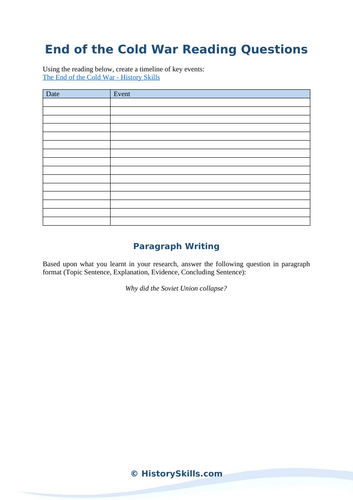 End of the Cold War Timeline Worksheet Teaching Resources
