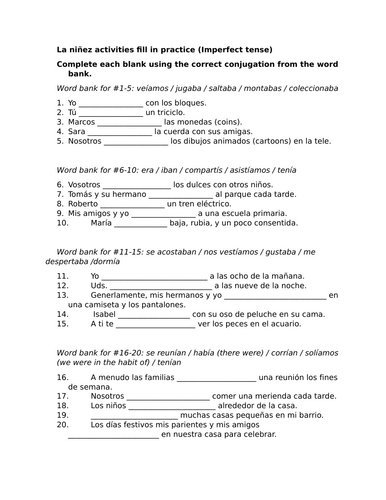 La niñez activities fill in practice (Imperfect tense)