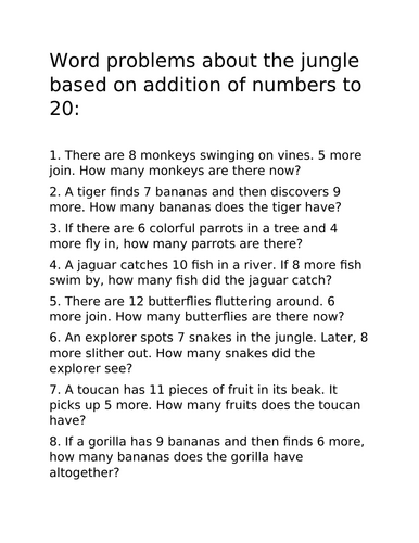 Addition to 20 - Jungle Theme - Word Problems