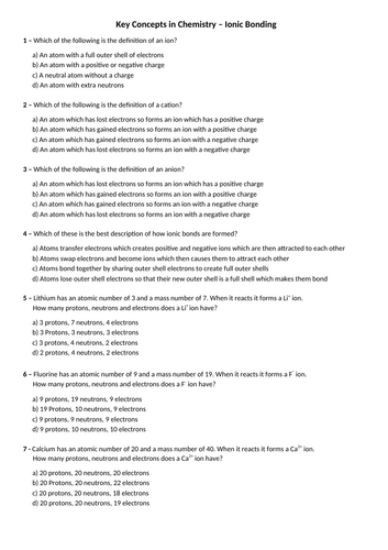 Ionic Bonding - Key Concepts Multiple Choice