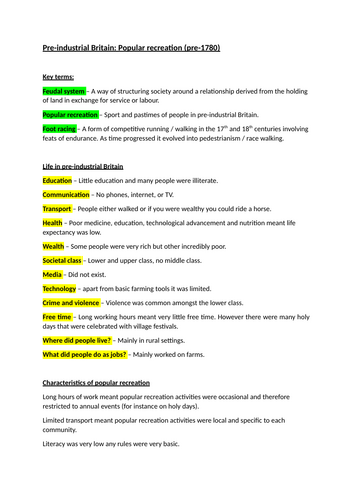 AQA Alevel PE - Pre-industrial Britain