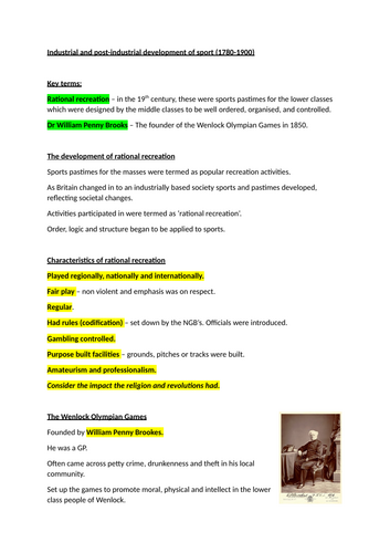 AQA Alevel PE - Industrial and post industrial development of sport