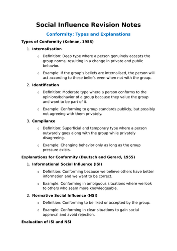 Social Influence Revision Notes (AQA A Level Psychology) Paper 1