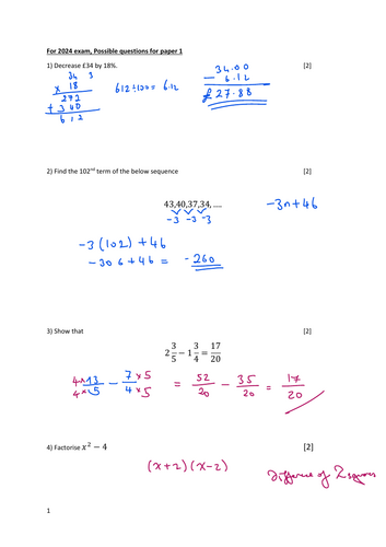 GCSE Maths, Paper 1, Possible Question Types