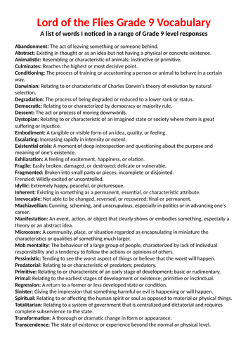 Lord of the Flies Grade 9 Vocabulary