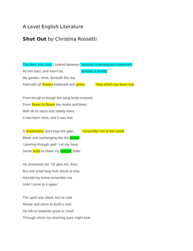 "Shut Out" by Christina Rossetti A LEVEL ENGLISH LITERATURE analysis