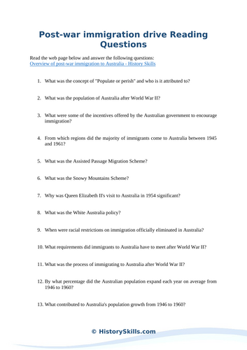Australian Post-War Immigration Reading Questions Worksheet