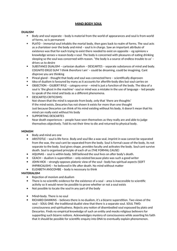 Mind Body Soul revision notes