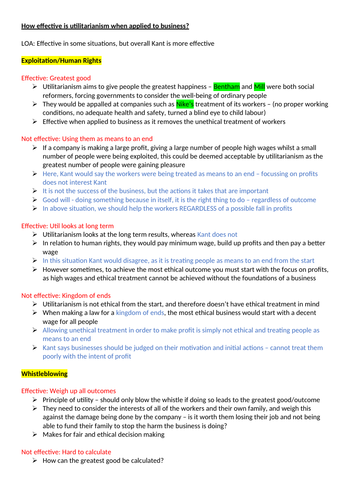 How effective is utilitarianism when applied to business? notes/ essay plan