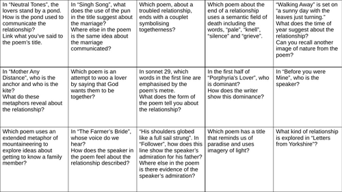 AQA GCSE Eng Lit Love and Relationships Poetry Revision Grid Quick Questions