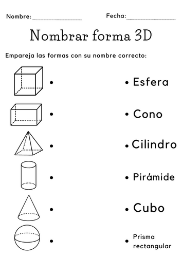 Printable 3d shapes naming worksheet en español - Nomenclatura de formas 3D