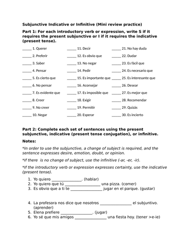 Subjunctive Indicative or Infinitive (Mini review practice)