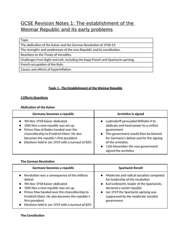 GCSE Germany Revision Notes - Topic 1 The creation of the Weimar Republic and its problems 1918-1923