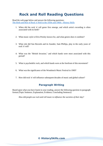 History of Rock and Roll Reading Questions Worksheet