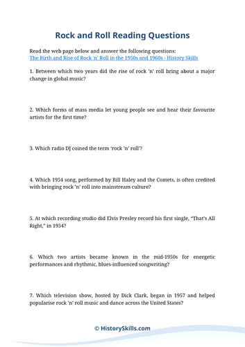 History of Rock and Roll Reading Questions Worksheet | Teaching Resources