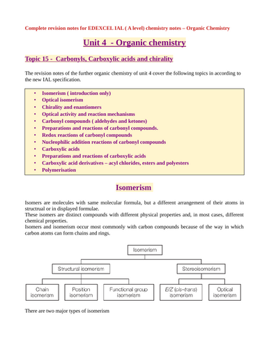 EDEXCEL IAL - Unit 4- Organic chemistry -The Carbonyl compounds, Carboxylic acids and Chirality