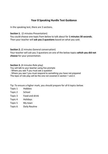 Y8 MEP Hurdle test speaking guidance booklet