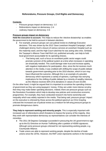 The effect of referendums, pressure groups, and the judiciary on democracy: A-Level Politics Edexcel