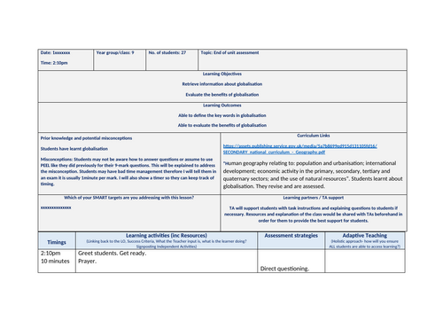 Globalisation Assessment with FULL LESSON PLAN