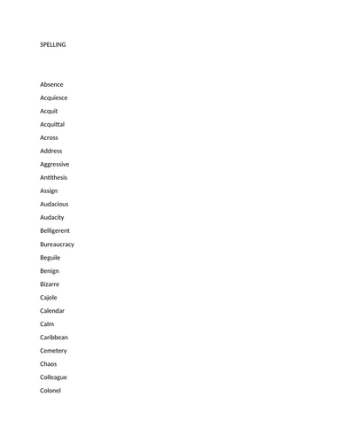 TEFL English as a Foreign Language: revision sheet: words that are difficult to spell