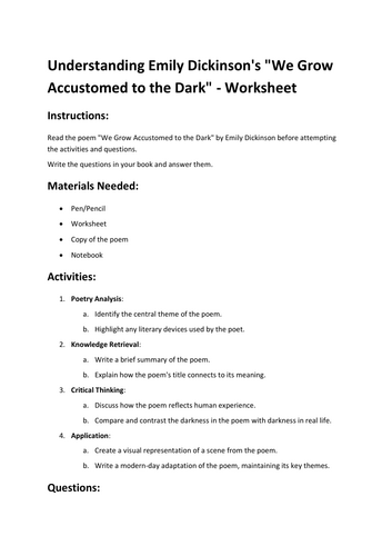 Understanding Emily Dickinson's "We Grow Accustomed to the Dark" - Worksheet