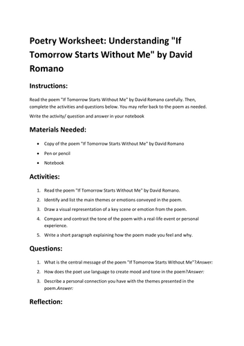 Poetry Worksheet: Understanding "If Tomorrow Starts Without Me" by David Romano