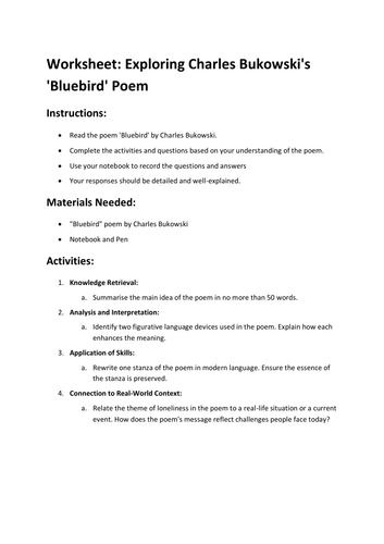 Worksheet: Exploring Charles Bukowski's 'Bluebird' Poem
