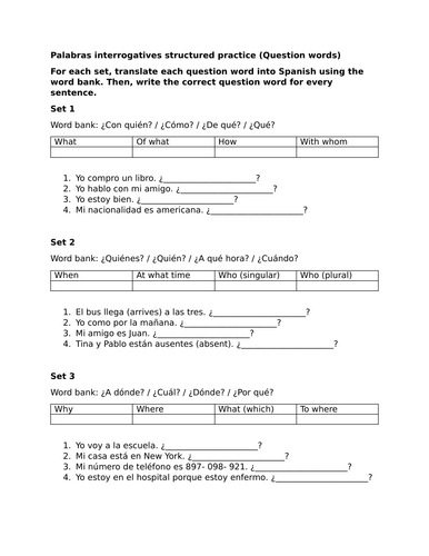 Palabras interrogatives structured practice (Question words)