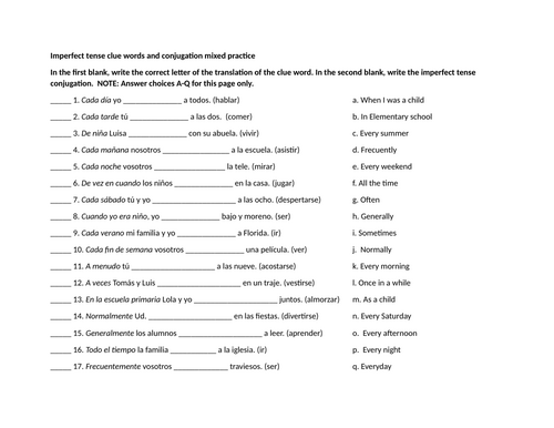 Imperfect tense clue words and conjugation mixed practice