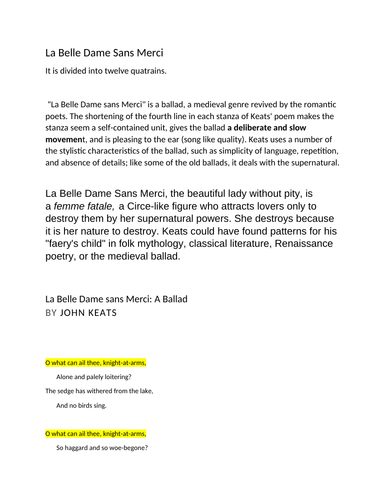 GCSE ENGLISH LITERATURE:  an analysis of "La Belle Dame Sans Merci"
