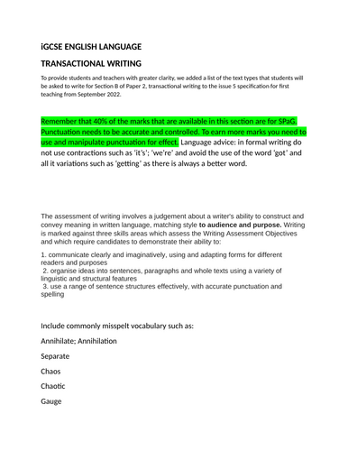 GCSE ENGLISH LANGUAGE transactional writing revision sheet