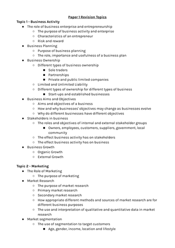 GCSE Business OCR Paper 1 Revision Topics