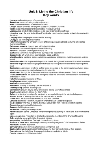 Key words list for unit three living the Christian life Edexcel Ethics, Religion and life unit