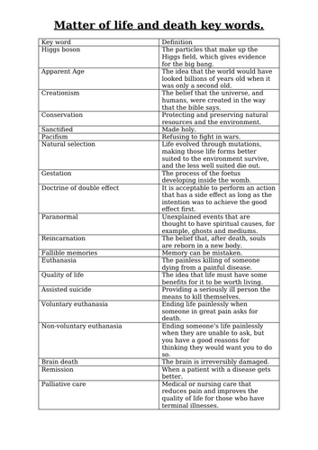 Key words list for unit four Matters of life and death Edexcel Ethics, Religion and life unit