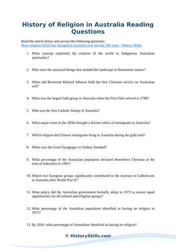 History of Religion in Australia Reading Questions Worksheet