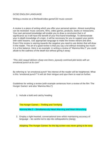 Guidance on writing a Review for WJEC GCSE ENGLISH LANGUAGE