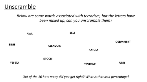 Terrorism and Prevent Unscramble Word Game