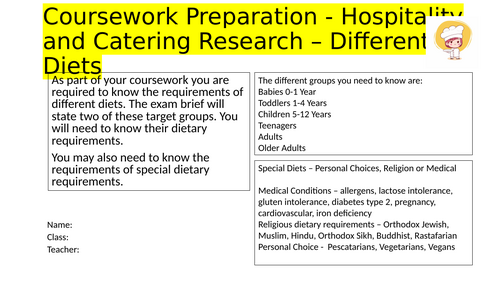 WJEC Hospitality and Catering Level 1/2 - Nutrition and Diet Research Task