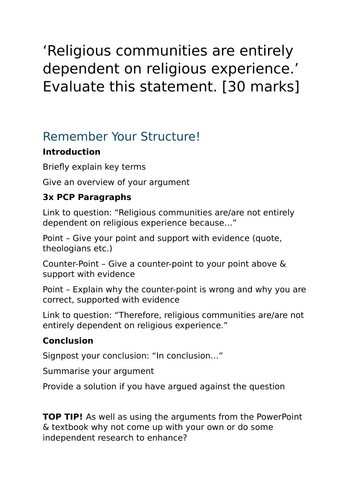 A-Level RS: Religious Experience 30 Marker + Model + Plan - Eduqas Religious Studies