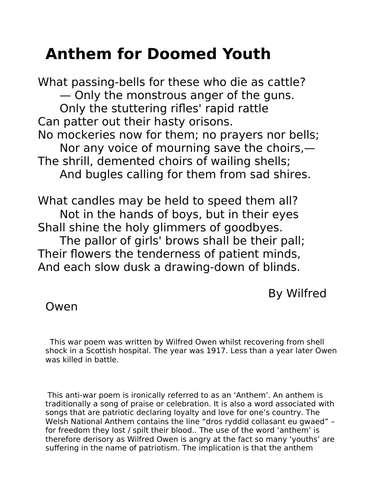 "Anthem For Doomed Youth" Wilfred Owen: GCSE ENLISH LITERATURE