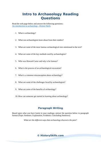 Introduction to Archaeology Reading Questions Worksheet