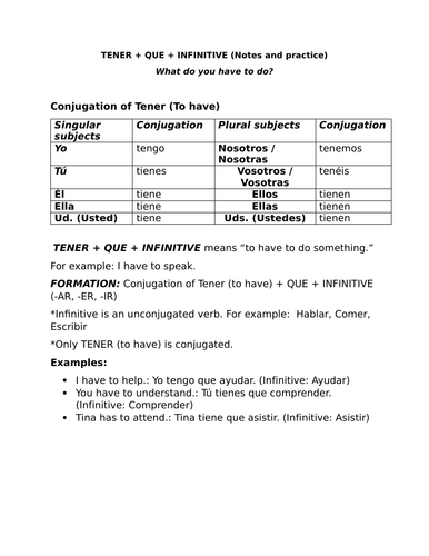 TENER + QUE + INFINITIVE (Notes and practice)