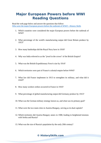 Major European Powers before WWI Reading Questions Worksheet