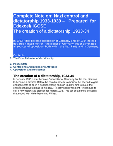 Complete Revision Note on Nazi Control and Opposition1933-1945