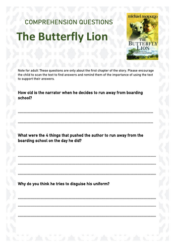 The Butterfly Lion Comprehension Activity