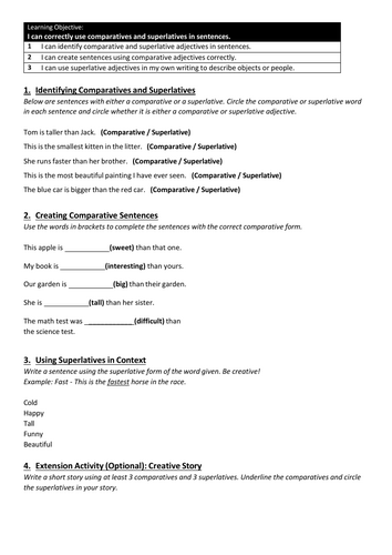 Comparatives & Superlatives Worksheet for 7-11 Year Olds