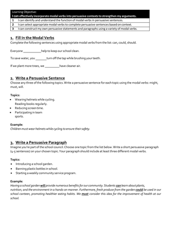 Master Modal Verbs: Persuasive Writing Worksheet for 7-11 Year Olds