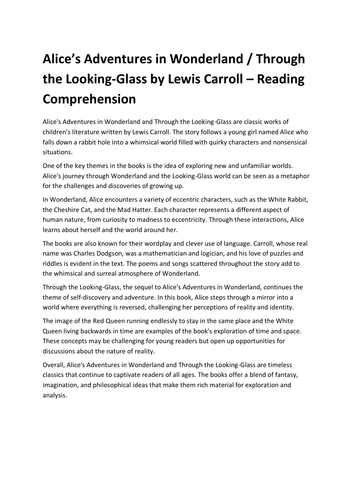 Alice’s Adventures in Wonderland / Through the Looking-Glass by Lewis Carroll Reading Comprehension